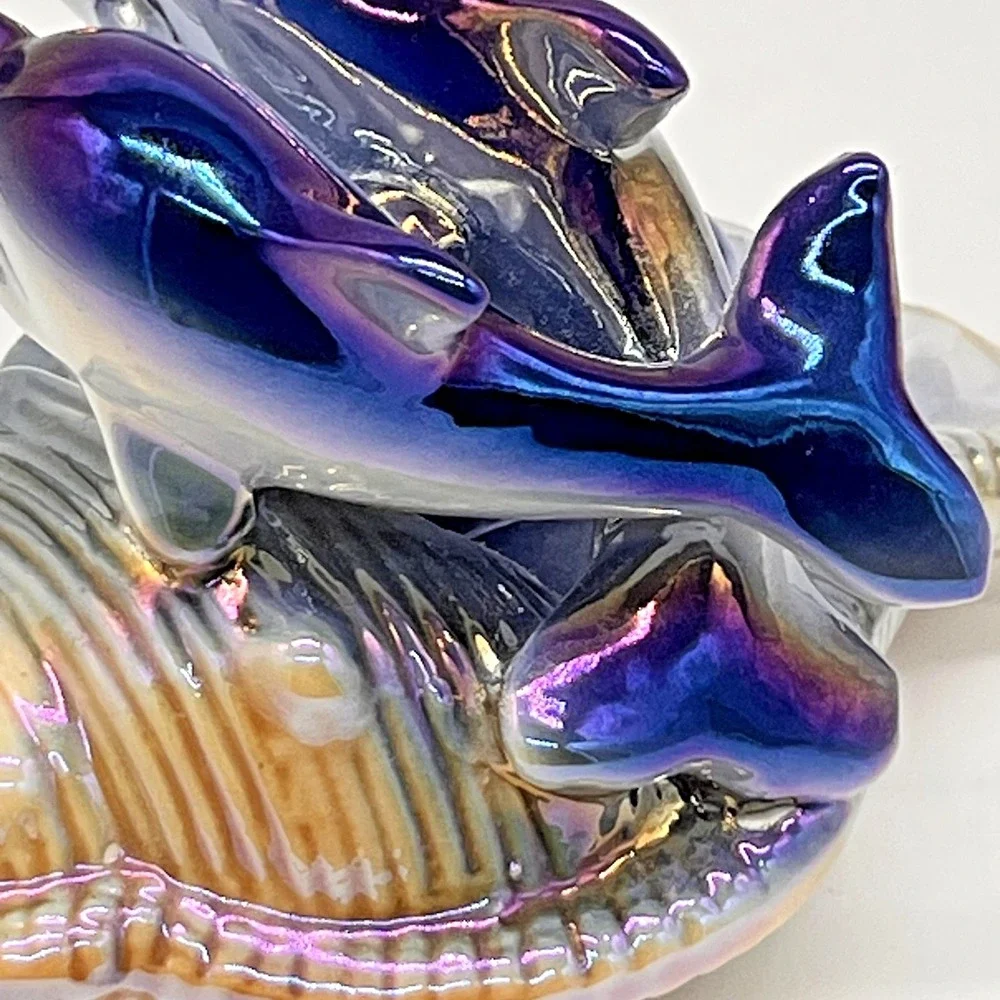 Vintage Lusterware Iridescent Porcelain Dolphins On Seashell Mirtex Trading